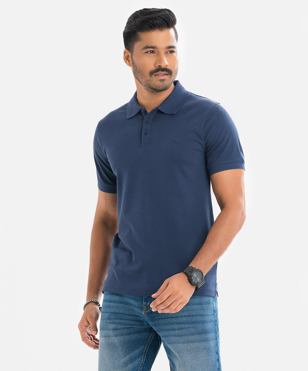 Blue Cotton Knit Short Sleeve Polo