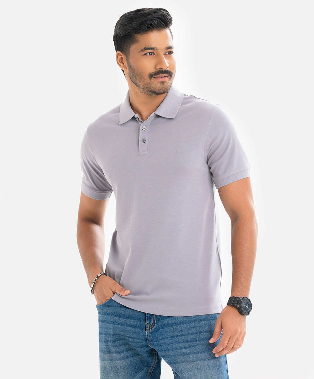 Gray Cotton Knit Short Sleeve Polo